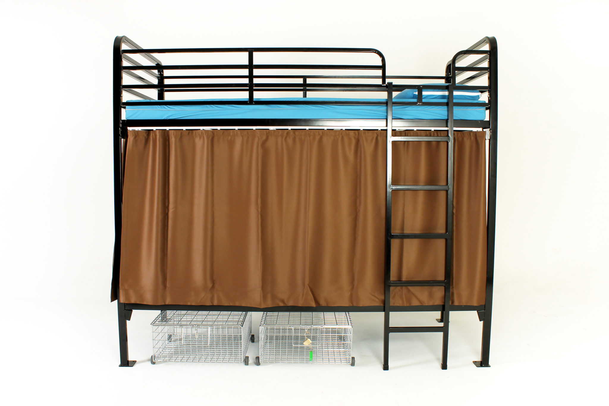 Contract bunk beds with privacy screens closed at the end of the bed.